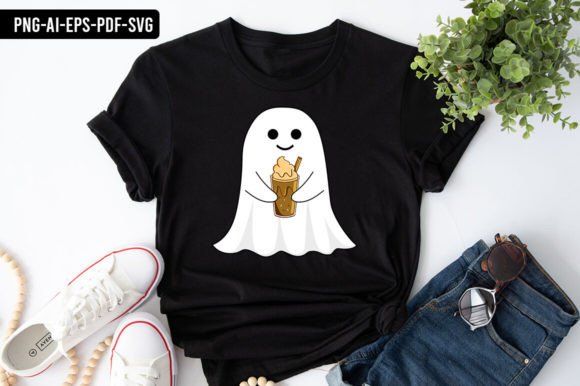 Ghost Drinking Ice Coffee Halloween Graphics & Print Templates
