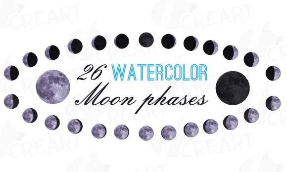Watercolor Moon Phases Clip Art Graphics for Print Templates